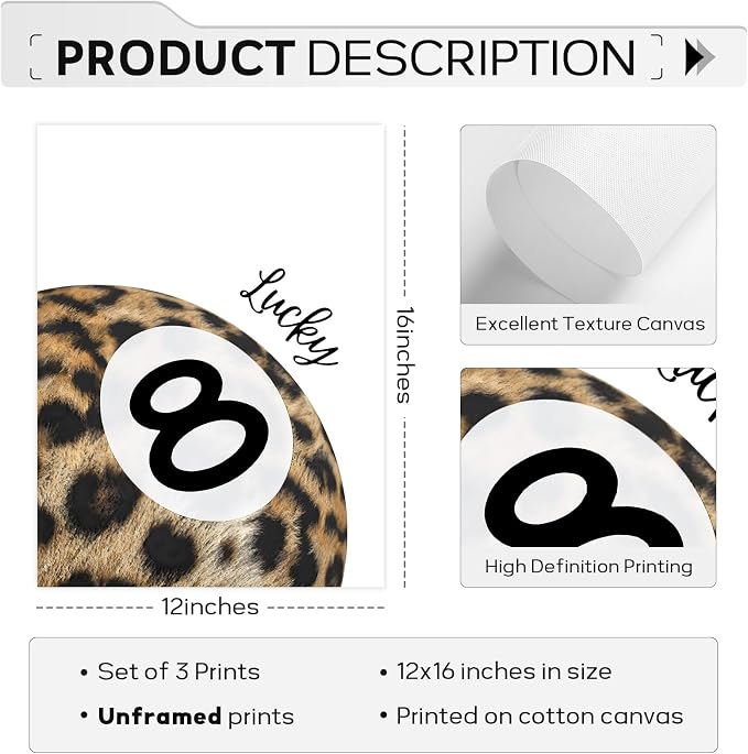 Leopard Wall Art Cheetah Canvas Prints Lucky 8 Ball Wall Decor Fashion Leopard Poster Aesthetic Pictures Trendy Cheetah Painting Preppy Artwork for Living Room Bedroom 12x16 Inch Unframed Set of 3
