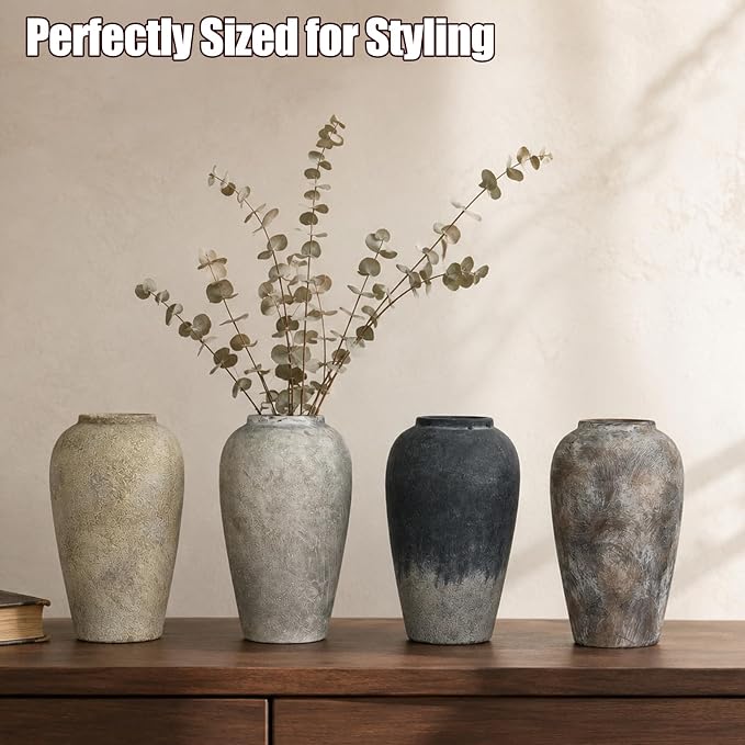 Ceramic Rustic Farmhouse Vase, 12 Inch Beige Flower Vases for Home Decor, Rustic Pottery Vase for Table Centerpieces & Living Room, Farmhouse Ceramic Vases for Entryway & Wedding Gifts