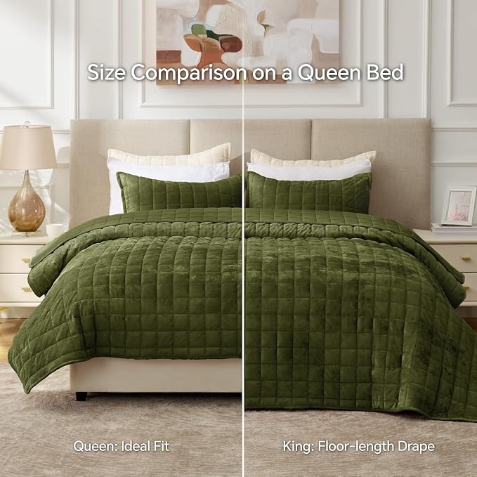 BEDELITE Velvet Quilt Set Queen Size - Luxury Soft Velvet Comforter Bedding Set for All Season, Lightweight Quilted Box Stitch Oversized Bedspread Coverlet with 2 Matching Shams, Olive Green