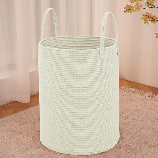 JMvicyroam Large Woven Laundry Basket Hamper,60L Cotton Rope Storage Bin for Blankets,Toys and Clothes,Decorative Tall Nursery Hamper for Living Room,Baby Nursery,Bathroom and Bedroom,White