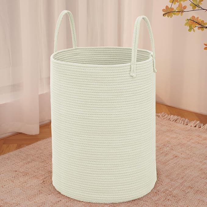 JMvicyroam Large Woven Laundry Basket Hamper,80L Cotton Rope Storage Bin for Blankets,Toys and Clothes,Decorative Tall Nursery Hamper for Living Room,Baby Nursery,Bathroom and Bedroom,White