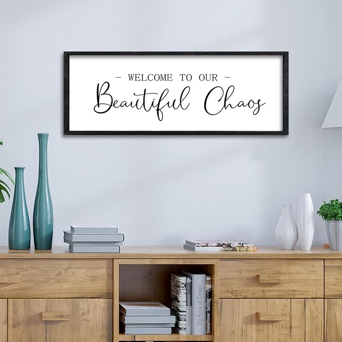 Surfapans Welcome To Our Beautiful Chaos Living Room Sign Wall Decor 32"×12" Rustic Large Family Wooden Plaque for Home Entryway Wall Hanging Art (Black)