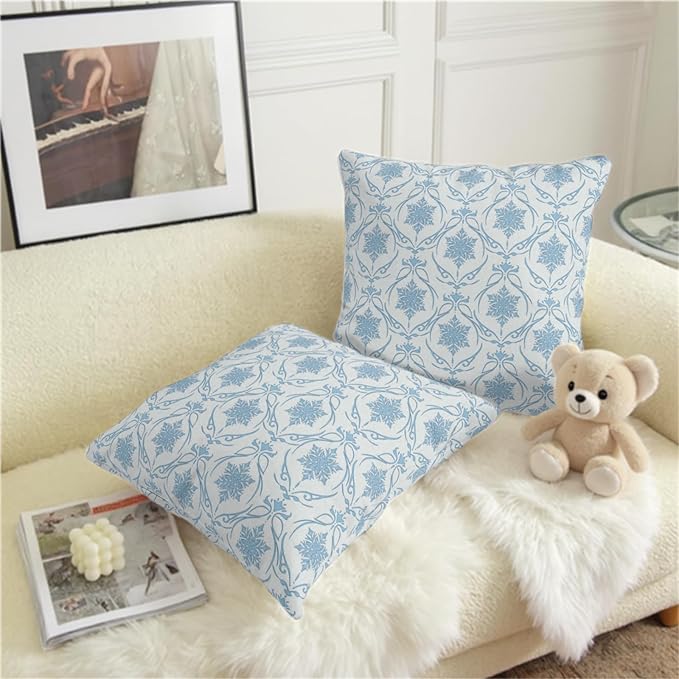 Winter Snowflakes Pillow Covers Blue Block Print Throw Pillow Covers Vintage Neutral Pillowcase 20x20 Set of 2 Elegant French Cushion Case for Living Room Couch Sofa