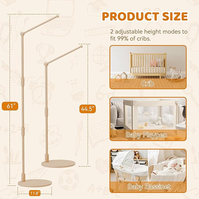 Floor-Standing Crib Mobile Arm,44.5-61 Inches Adjustable Height Natural Beech Wood, Baby Mobile Holder Hanger for Crib/Bassinet/Playpen, Easy Assembly Unisex Nursery Decor
