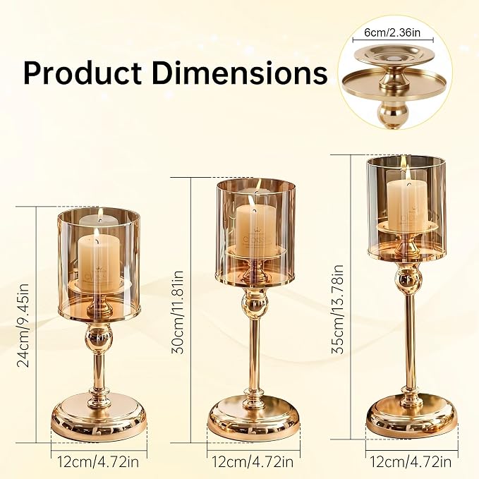 Gold Hurricane Candle Holders - Set of 6 Tall Candlestick Holders Windproof Taper Candle Holders, Metal Stand for Table Centerpiece Outdoor Indoor Wedding Party Holiday Decor