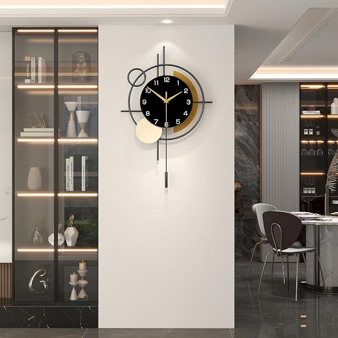 Large Wall Clock for Living Room Decor Modern Wall Clock with Pendulum Silent Quartz Battery Operated Metal Decorative Clock for Dining Room,Kitchen,Home,Bathroom,Bedroom,17.7x27.3 in