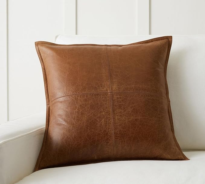 Genuine Leather Pillow Cover Case for Lumbar Throw Couch Pillows - Farmhouse Decorative Modern Sofa Thick & Soft Cushion Covers (Brown, 18" x 18")