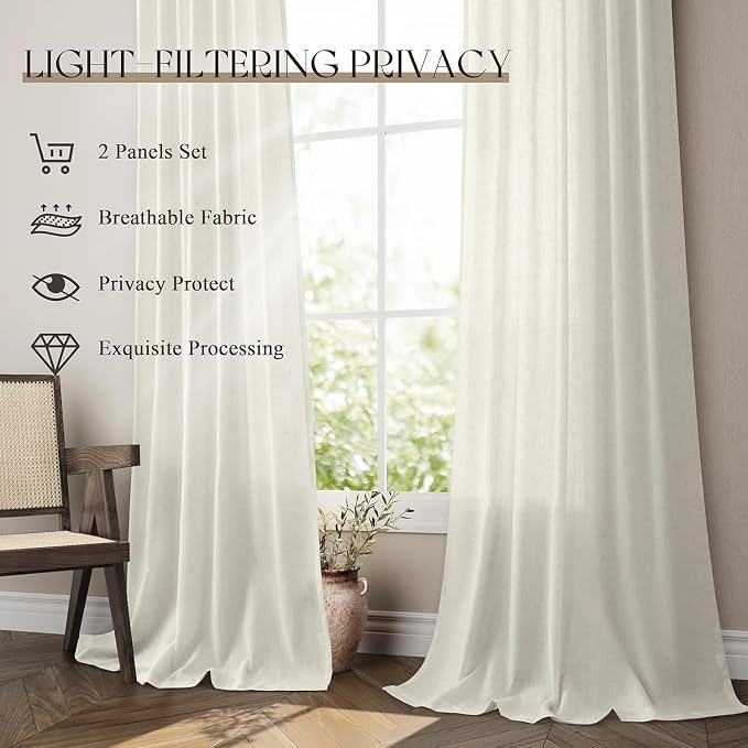 Jowels Warm Beige Linen Curtains 96 Inch Long 2 Panels for Living Room | Light Filtering Semi Sheer Curtain, Back Tab Pocket Pleated Look, Boho Farmhouse Textured Privacy Drapes for Bedroom Window