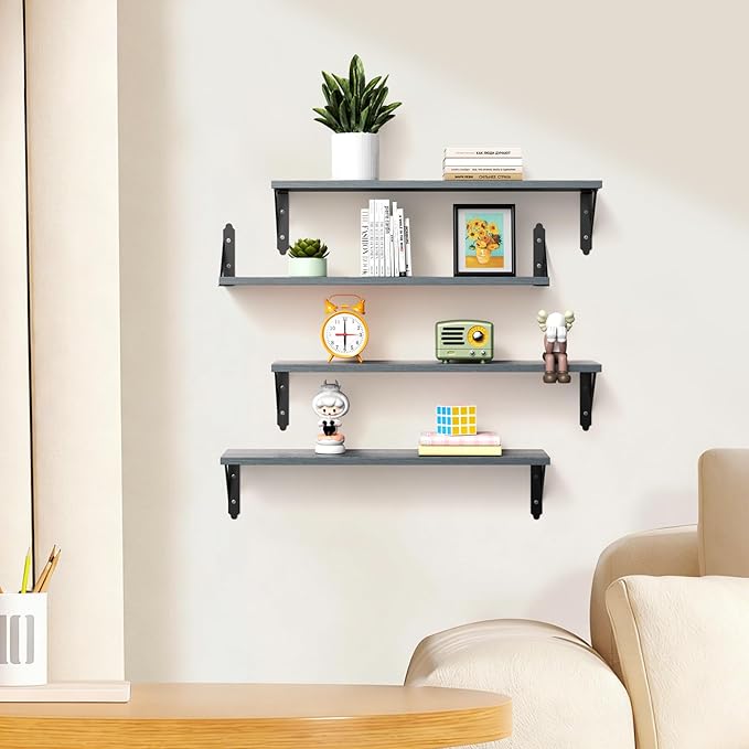 ROMGUAR CRAFT Wood Floating Shelves Set of 4, Rustic Storage Decor Wall Shelves, Wall Mounted Shelf for Living Room, Bedroom 23.6" x 6", Grey