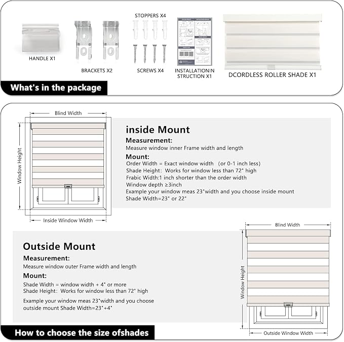 AOSKY Cordless Zebra Blinds for Windows Pull Down Roller Window Shades Dual Layer Light Filtering Privacy for Day and Night, Free-Stop Door Shades for Home Easy to Install (35" W X 84" H，Beige)