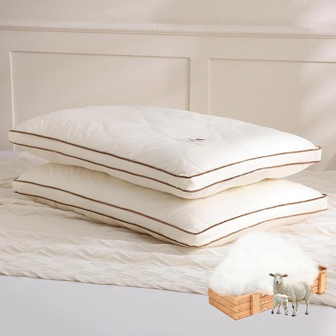 YOUR MOON Natural Wool Pillow Standard Size Set of 2, Flat & Thin Wool Pillow for Sleeping, Low-Loft Bed Pillows for Back and Stomach Sleepers, Breathable Cotton Cover(Off White)