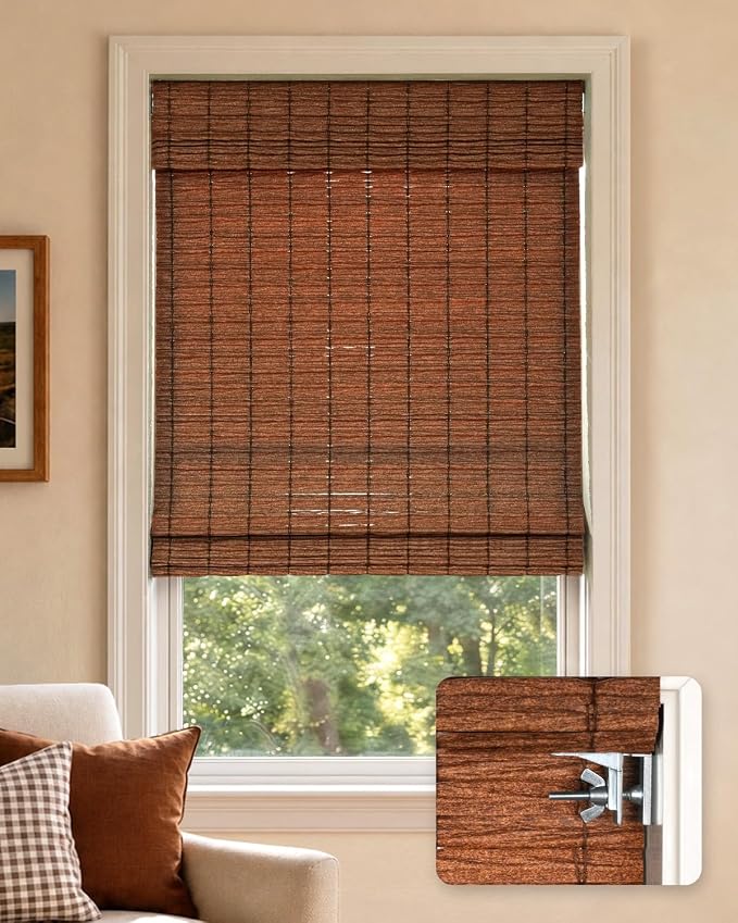 LazBlinds No Drill Cordless Roman Shades for Windows, Light Filtering Privacy Protection Thermal Insulation UV Blocking Natural Panama Weave Fabric Blinds for Windows, 27" W x 64" H, Brown