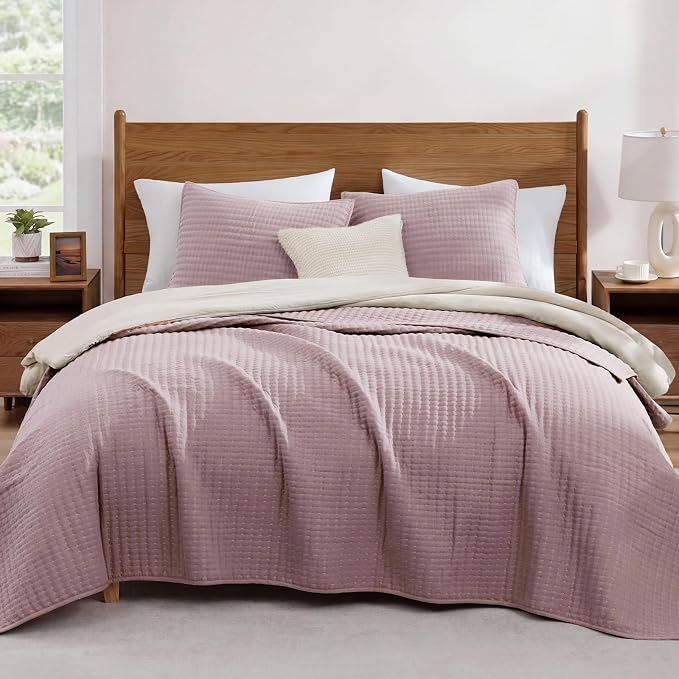 WRENSONGE Dusty Mauve King Size Quilt Bedding Sets-3 Pieces Lightweight Bedspreads Summer Coverlet for All Season,with 2 Pillow Shams Suitable for Bed, Couch, Quilt Blanket