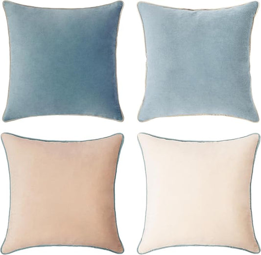 MONDAY MOOSE Decorative Throw Pillow Covers Cushion Cases, Set of 4 Soft Velvet Modern Double-Sided Designs, Mix and Match for Home Decor, Pillow Inserts Not Included (20x20 inch, Beige/Light Blue)