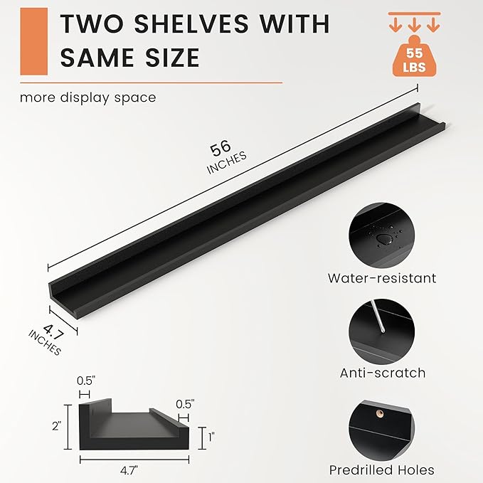 FLYJOE Picture Ledge Shelf, Floating Shelves Set of 2, 56 Inches Long Large Nursery Book Shelves for Toys Storage, Kids Bookshelf Wall Mounted for Living Room Bedroom Decor Books Photo Frames, Black