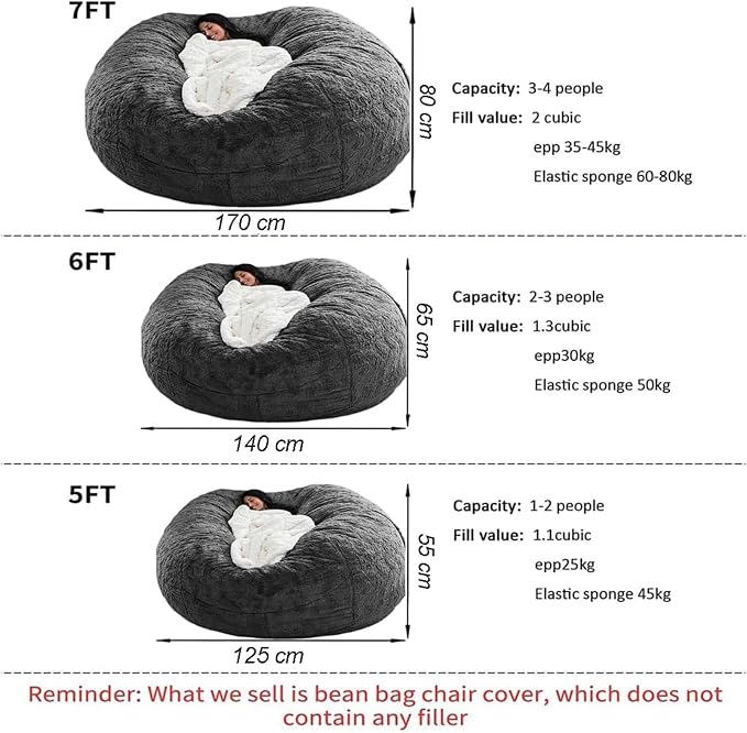 BCU 6FT Bean Bag Chair for Adults and Kids Without Filler Giant Stuffed Animal Storage Cover Soft Faux Fur Floor Chair Cover Patterns Embroidered for Bedroom Living Room, Black
