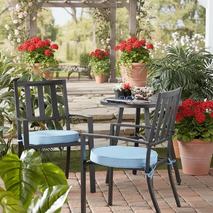 Set of 2 Outdoor 18 inch Round Patio Dining Chair Pads – Comfortable Fiber-Filled Seat Cushions with Ties, Reversible Polyester Fabric, Denim