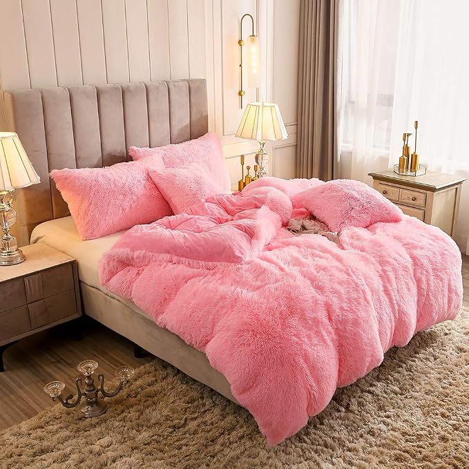 Faux Fur Velvet Fluffy Bedding Duvet Cover Set Down Comforter Quilt Cover with Pillow Sham, Ultra Soft Warm (Twin, Pink)