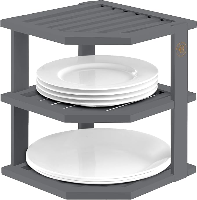 Bambüsi Plate Organizer for Cabinet - Corner Cabinet Organizer and Kitchen Cabinet Organizer Shelf, Kitchen Countertop Organizer for Plates, Dishes and Bowls, Space Saving Corner Rack, Grey