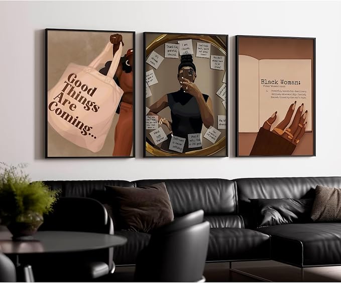 Black Girl Wall Art African American Woman Canvas Wall Decor Black Female Wall Art Fashion Women Poster Feminine Boho Pictures Abstract Paintings for Bedroom Bathroom 12x16 Inch Unframed Set of 3