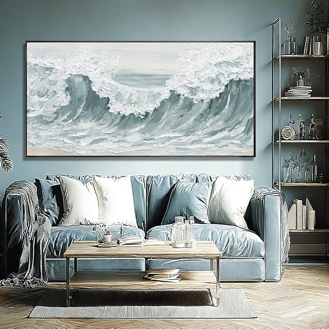 Sea Wave Abstract Light Green Wall Art for Living Room Artwork Canvas Art Wall Decor Painting Print Picture for Bedroom Office Hotel Home Decoration 24"x48"With Framed