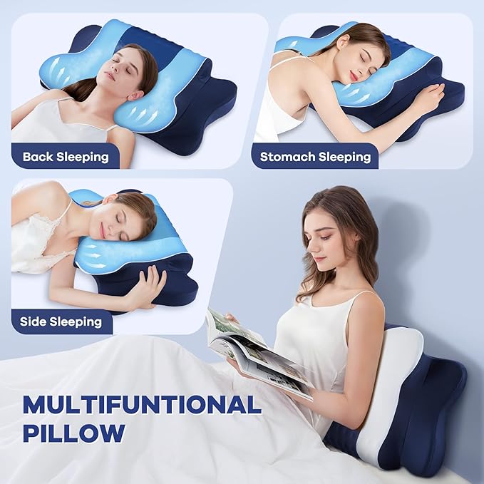 Cervical Neck Pillow for Pain Relief,Cervical Pillow with Memory Foam Ergonomic Pillows with Dual Heights for Back,Stomach and Side Sleepers Kids' Floor Pillows Cushions (Blue, Standard 26"×15")
