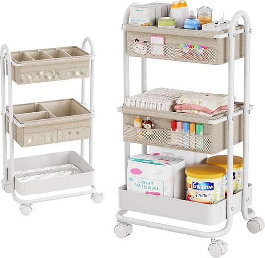 Modanais Baby Diaper Caddy Organizer Cart - 3 Tier Rolling Storage Cart with Wheels, Baby Essentials Nursery Storage, Detachable Dividers - for Crib, Bedroom, Art & Craft Organizer (Off White)