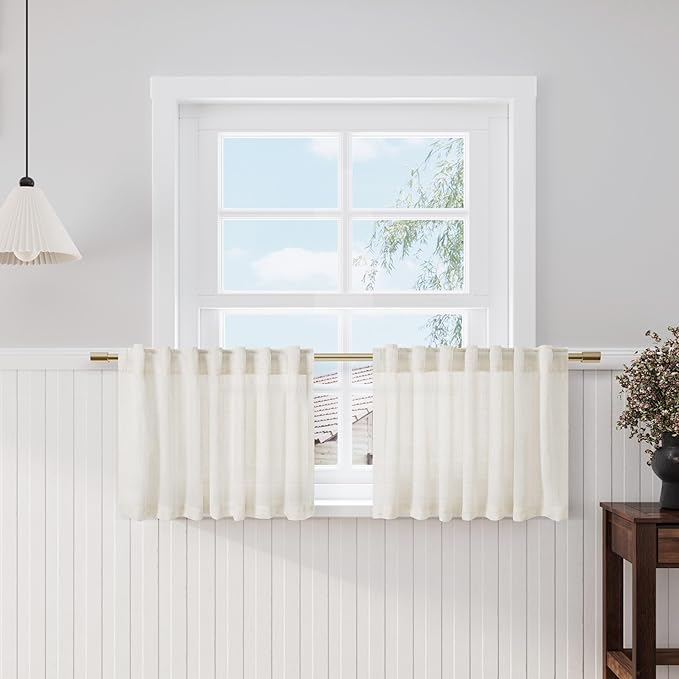 Nanspring Linen Textured Cream Curtains Window Toppers Valances Semi Sheer Back Tab Rod Pocket Drapes for Kitchen Bedroom Small Window Decor Wide 52 x Long 18 Inch Cafe Curtain 2 Panels Set 52x18