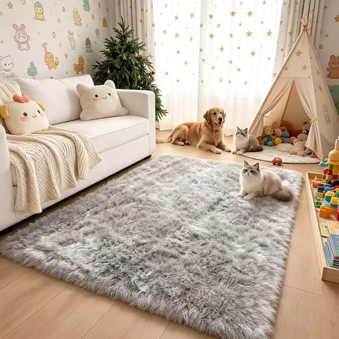 Faux Fur Rug Fluffy Sheepskin Area Rug,Ultra Soft Shaggy Plush Rug Bedroom Living Room Sofa Floor Kids Room Bedside（3 x 5 ft Rectangle Grey）