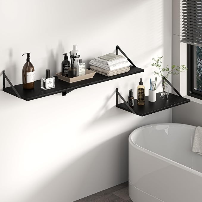 Heimlove Black Deep Floating Shelves for Wall, 40W x 12D Wood Wall Shelves Set of 2, Wide Floating Bookshelf for Living Room, Kitchen, Office, Bedroom and Decor Storage, with Metal Bracket - Black