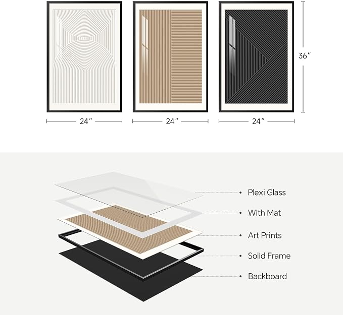 Large Framed Abstract Modern Wall Art for Living Room, 3 Piece Black and White Neutral Canvas Artwork for Walls, Boho Minimalist Pictures Paintings Prints for Dining Room Office Decor, 24x36 Inch