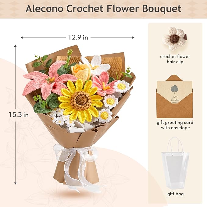 Alecono Crochet Flower Bouquet, Pink Knitted Flowers, Large Handmade Crocheted Flower for Anniversary Party for Her (Include Card)