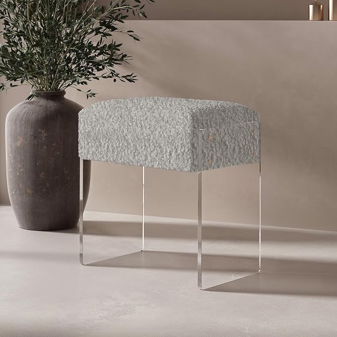 Soft Fluffy Stool, Modern Acrylic Footstool with Upholstered Seat, Fluffy Stool for Living Room Bedroom (Grey)