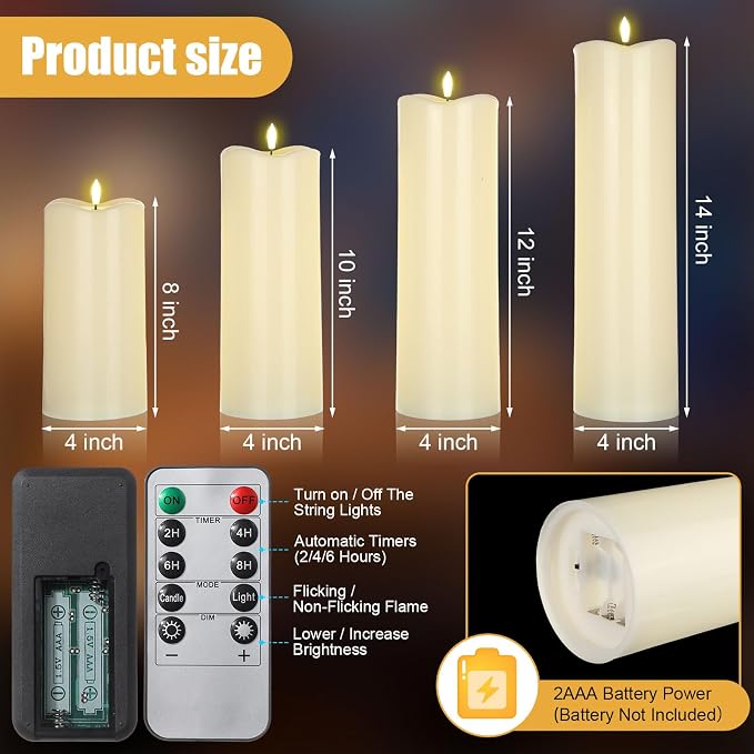 Rossesay 8" 10" 12" 14" x 4" Large Waterproof Outdoor Flameless Candles, 4 Pcs LED Pillar Candles with Remote and Timers Battery Operated Jumbo Flickering for Home Patio Porch Church Indoor Lanterns