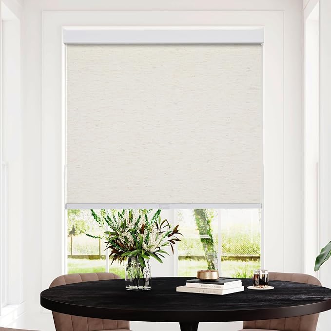 Persilux Free-Stop Cordless 100% Blackout Roller Window Shades for Home, Natural Woven Fabric UV Protection Privacy Roller Shades for Windows Blinds for Sliding Glass Doors, Bedroom, Cream 47"W x 72"H