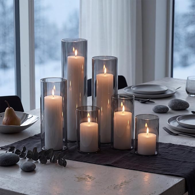 Shihanee Set of 6 Pillar Candles and Glass Cylinder Vases Assorted Sizes Cylinder Holders for Pillar Candles Home Table Centerpieces Wedding Party Decorations (White,Smoky Black)