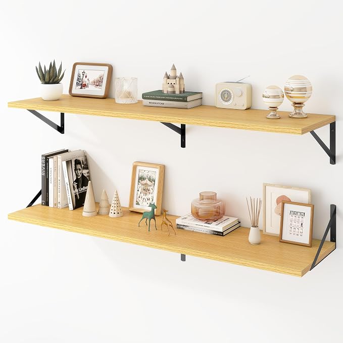 Acovy Deep Floating Shelves Wall Mounted, 48"x12" Oak Wall Shelves with Brackets Set of 2 for Bedroom, Living Room, Bathroom, Kitchen, Office - Storage & Display Shelf for Decor, Books, Plants