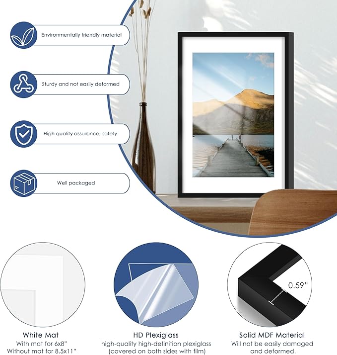 PEALSN 12x17 Picture Frame Set of 6, Display Pictures 10x14 with Mat or 12x17 without Mat for Wall Mounting or Table Top, Photo Frames Collage for Wall Decor, Black.