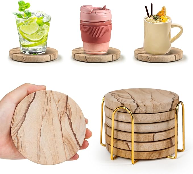Natural Sandstone Coasters Set of 6 with Holder, 4 in Dia, Round, Heat Resistant & Absorbent, for Home & Office