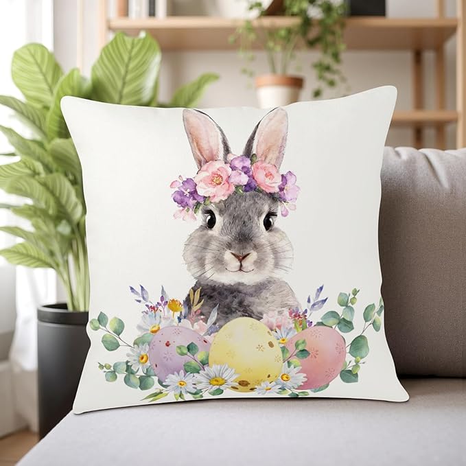 Easter Pillow Covers Floral Lovely Bunny Throw Pillow Covers Spring Watercolor Rabbit Farmhouse Cushion Cases 24x24 Set of 2 Colorful Easter Eggs Pillow Cases for Sofa Couch Bed