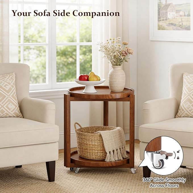 Taitiy Small Round Side Table with Wheels Solid Wood 2 Tier End Table with Storage Mobile Nightstand for Small Spaces Rolling Side Table for Couch & Bedside Walnut 17.7"