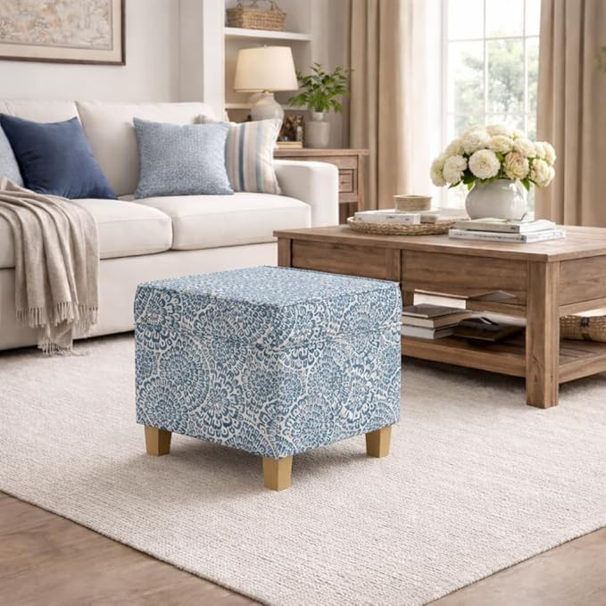 Homepop Home Decor Classic Square Storage Ottoman with Lift Off Lid | Ottoman with Storage for Living Room & Bedroom, Blue and Cream Modern Floral