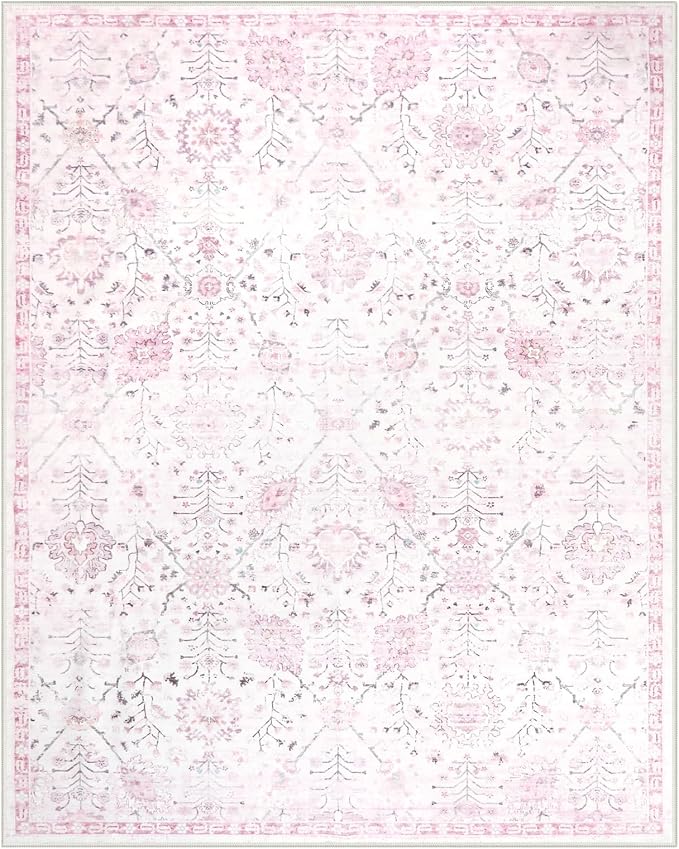 Lahome Flavie Washable Rugs 8x10, Soft Nursery Area Rug for Girls and Kids, Low Pile Boho Purple Carpet for Snug Bedroom Classroom, Spill-Proof Non Slip Floral Fresh Carpets for Living Room