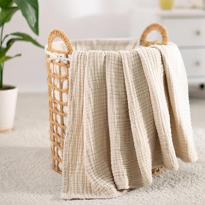Carriediosa 100% Cotton Muslin Throw Blanket 70" X 80" Twin Size，4-Layers Summer Gauze Throws for Bed Couch，Soft Lightweight Breathable Linen Blankets Bedspread for Adults All Season，Khaki