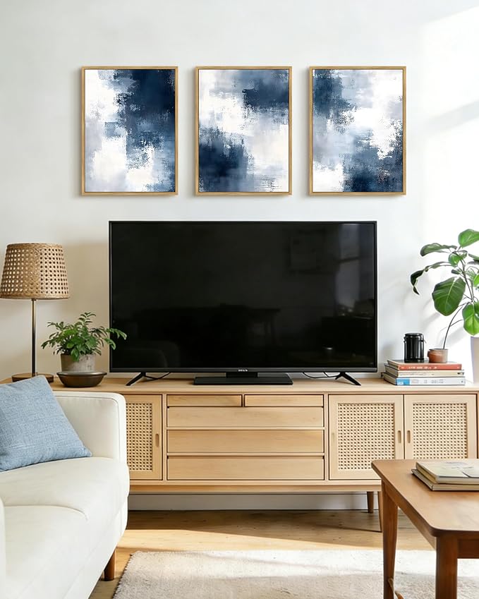 PHOPAGO Navy Blue and Gray Abstract Framed Wall Art Brush Strokes Pastel Wall Decor Modern Minimalist Art Paints for Bedroom Laundry Living Room - 12x16in Natural Framed