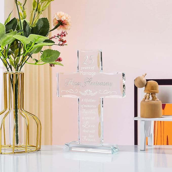 YWHL 25th Wedding Anniversary Glass Cross Gifts for Wife Husband, Laser Engraved 25 Year Anniversary Standing Cross Gifts for Couple, 25 Years of Marriage Decorations