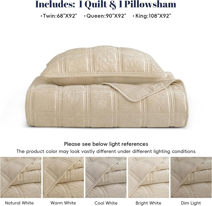PHF Ultra Soft Velvet Quilt Set Twin Size – 2PCS Luxurious Cozy Quilted Comforter Alternative with Diamond Pattern, Warm Quilted Bedspread Coverlet, 68" x 92", Oxford Tan