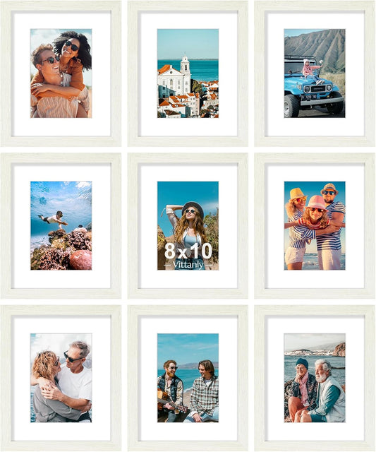 Vittanly 8x10 Picture Frames Set of 9, Shatter Resistant Plexiglass, Display 5x7 Pictures with Mat or 8x10 without Mat, Photo Frames for Wall or Tabletop, Engineered Wood, Whitemist