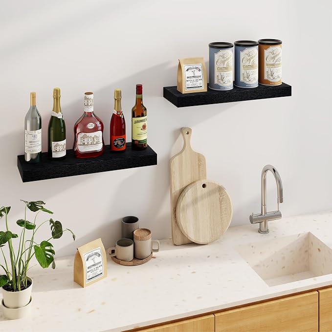 Fun Memories Floating Shelves for Wall, 24Inch Floating Shelves Set of 2, Hanging Shelf with Invisible Brackets, Wood Shelves for Living Room, Bedroom, Black