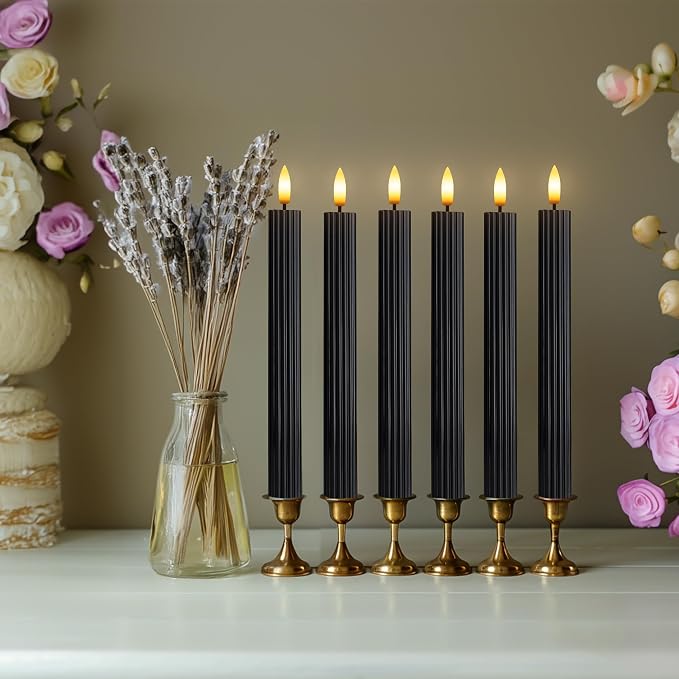 6 Pack, 10" LED Flameless Real Wax Black Fluted Ribbed Grooved Taper Candles, Remote & 24h Timer Memory, On/Off Button, Dimmable, Flicker Mode, Battery Operated, Wedding